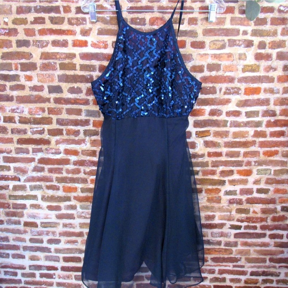 DE LARU Navy Blue Sequin Embroidered Short Formal Evening Prom Dress | 9/10